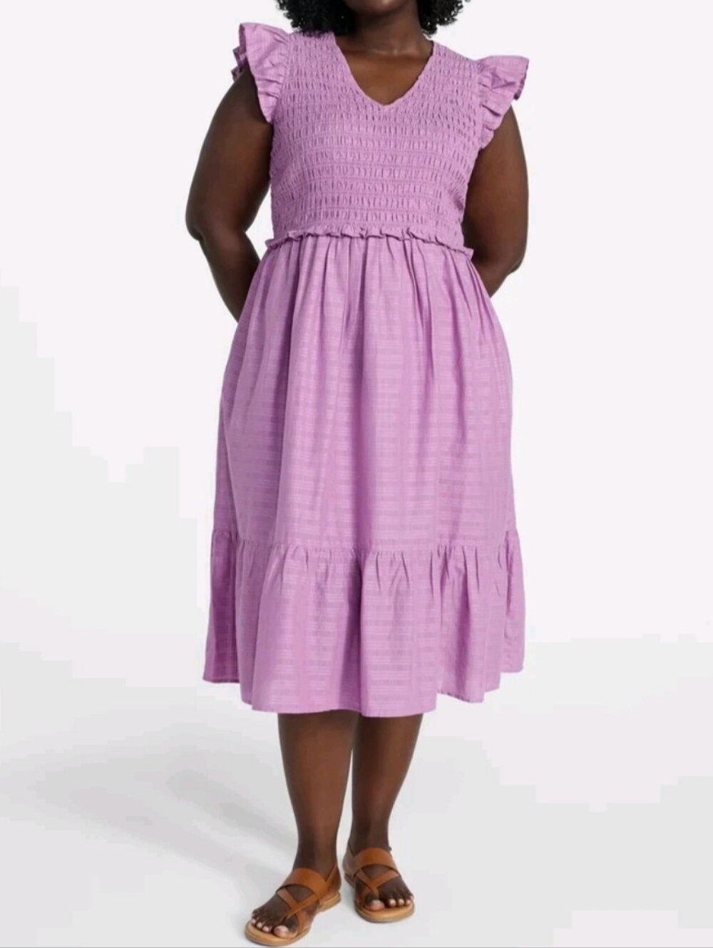 Terra & Sky Women's Plus size 1X (16W-18W) Cotton Midi Dress with Smocked Bodice